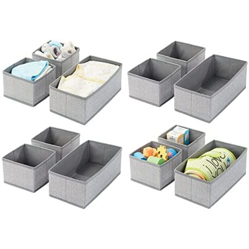 mDesign Soft Fabric Dresser Drawer and Closet Storage Organizer for Kids/Toddler Room, Nursery, Playroom, Bedroom - Herringbone Print - Organizing Bins in 2 Sizes - Set of 12 - Gray