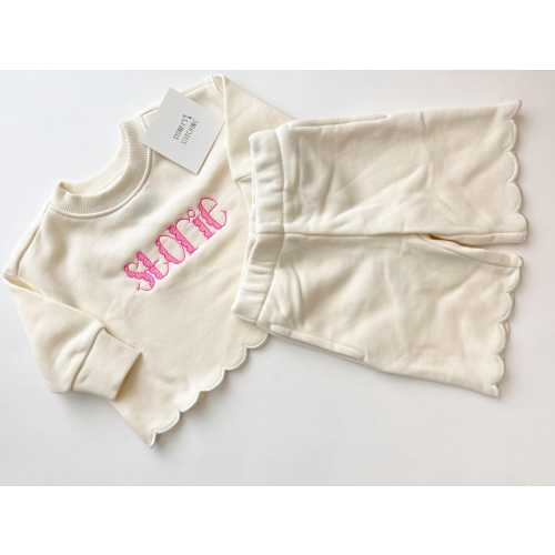 Baby Toddler Girl Scalloped Top & Pant Set With Custom Embroidery