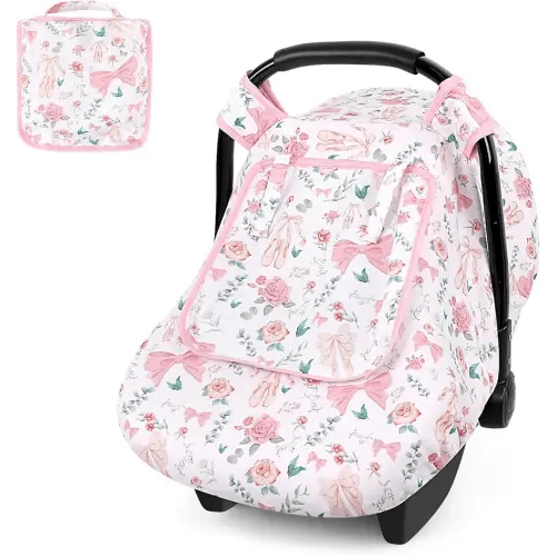 Baby Car Seat Cover Winter, Windproof Carseat Covers for Newborn with 2 Layers Window, Pink Flowers Infant Car Seat Canopy for Girls with Minky Dot Backing, Keeps Babies Warm and Cozy