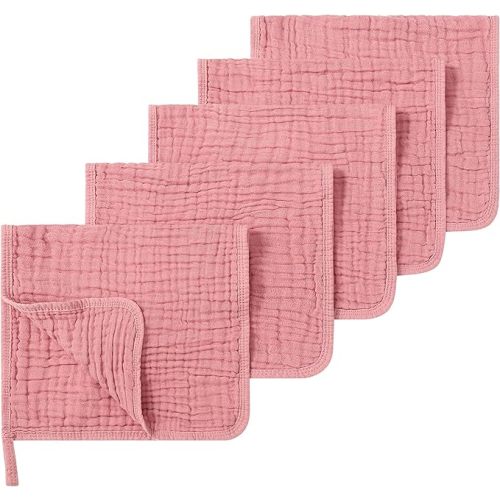 Muslin Burp Cloths 5 Pack Large 20x12 inches Baby Burping Cloths, 6-Layer 100% Cotton for Newborn Boys Girls, Ultra Soft & Absorbent (White & Pink)
