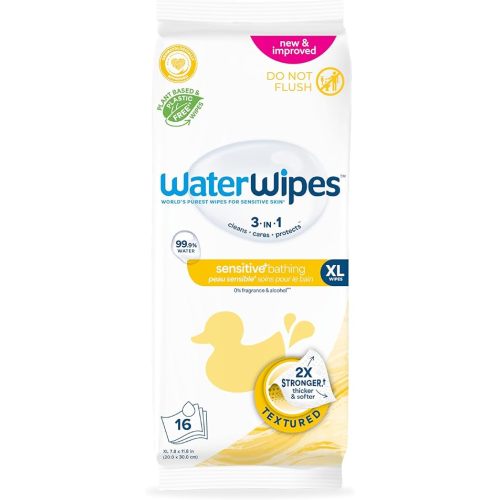WaterWipes Sensitive+ Bathing Wipes, 3-In-1 Cleans, Cares, Protects, 99.9% Water, Unscented & Hypoallergenic, 16 Count (1 Pack)