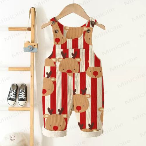 Baby Toddler Christmas Elk Red Vertical Striped Corduroy Overalls