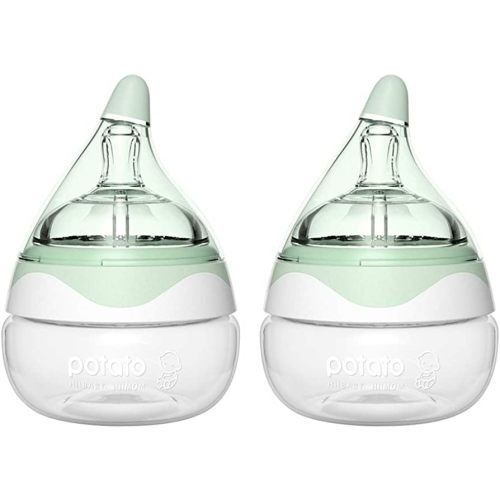 POTATO Glass Baby Bottles for Newborn Babies, Anti Colic Breastfeeding Bottle with Wide Neck, Slow Flow, 2pack, 2.5oz, Green