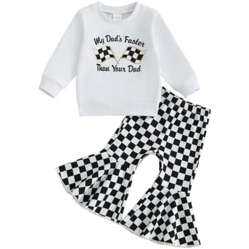 Toddler Baby Girl Race Car Outfit Letters Long Sleeve Sweatshirt Checkered Bell Bottom Pants Set Fall Winter Clothes