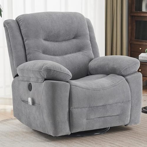 Power Swivel Rocker Recliner with Massage and Heat, USB Port, Infinite Position, Oversized Electric Glider Rocking Chairs Living Room, Soft Fabric Reclining Sofa Chair(Misty Gray)