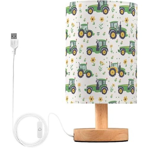 Desk Lamp, Green Tractor and Flowers Pattern Table Lamp Night Light Bedside Lamps Decor LED Small Lights