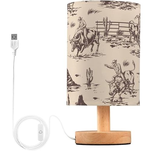 Bedside Lamp West Cactus Cowboy Table Lamp for Bedroom LED Nightstand Lamp Shade USB Ports Wood Base for Living Room Dorm Office