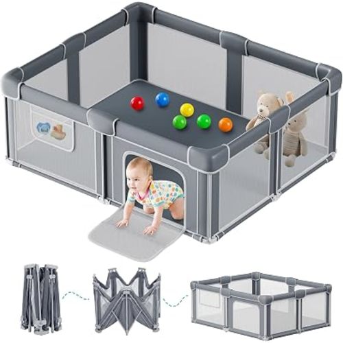 Foldable Baby Playpen with Mat, 71x59 Inches, Grey