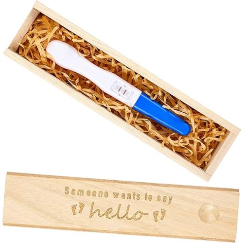 Qunclay Pregnancy Test Keepsake Box Surprise Pregnancy Announcement Box Wooden Baby for Husband Grandparents Baby Memory Souvenir Collection case with Raffia Ribbon(Classic)
