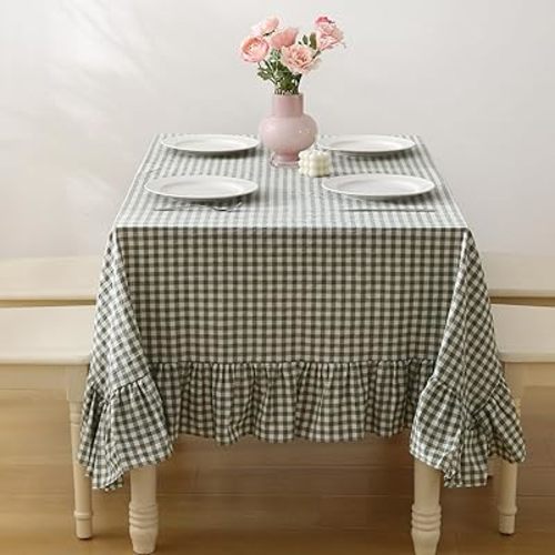 Sage Green Plaid Ruffled Long Table Cloth Rectangular Fits 8-10 Seater Table, 100% Washed Cotton Buffet Cottage Coquette Checker Gingham Vintage Decorative Tablecloth - 120"x60"