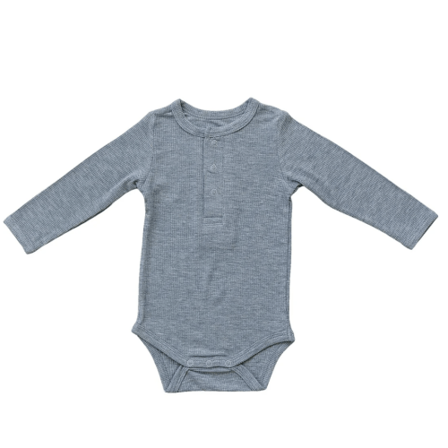Mebie Baby - Bamboo Henley Long Sleeve Ribbed Onesie in Heather Grey