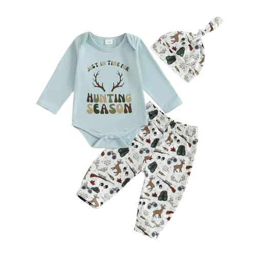 LZUBCPY Baby Boy Hunting Clothes Retro Bodysuit Mallard Duck Deer Jogger Pants Hat Cute 3Pcs Newborn Coming Home Outfit Fall