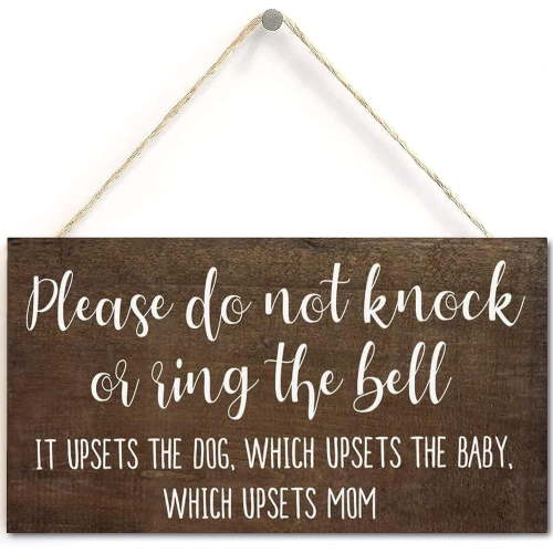 6x12 Inch Baby Sleeping Sign For Front Door - Funny No Soliciting Hanging Wood Plaque - Please Do Not Knock Or Don't Ring Doorbell Dogs Will Bark