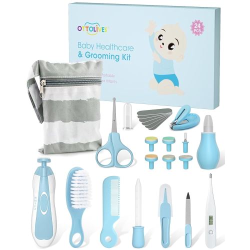 OTTOLIVES Baby Healthcare and Grooming Kit, 24 in 1 Baby Electric Nail Trimmer Set Newborn Nursery Health Care Set for Newborn Infant Toddlers Baby Boys Girls Kids Haircut Tools (0-3 Years+) (Blue)