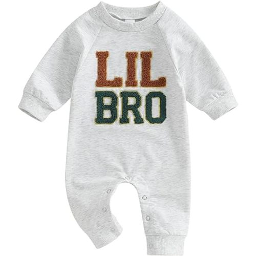 pengnight Newborn Baby Boys Girls Romper Long Sleeve Lil Bro Letter Print Solid Color Bodysuit Jumpsuit