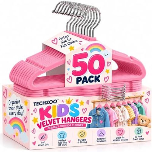 TechZoo 50 Premium Kids Velvet Hangers - 14" Non-Slip Clothes Hangers for Kids & Preteens - Ultra Slim, Space-Saving, Strong & Durable Hangers with 360° Swivel Hook - Pink