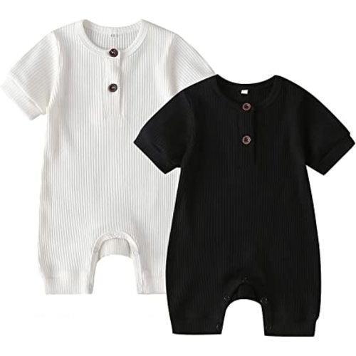 Infant Baby Boy Girl 2 Pack Solid Romper Ribbed Knit Short Long Sleeve One Piece Jumpsuit Clothes