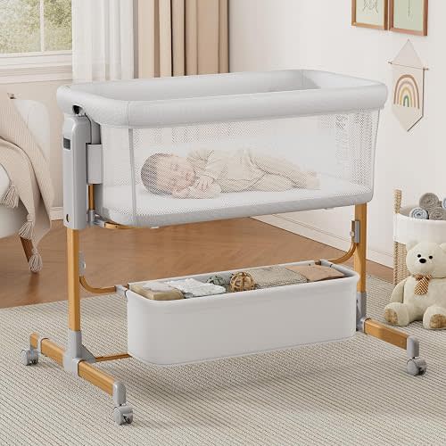 Baby Bassinet for Newborn, 3-in-1 Bedside Bassinet, Rocking, White | Inclined Bedside Sleeper with Breathable Mesh, Supportive Mattress, 6 Heights, Lockable Wheels, and Storage Basket.