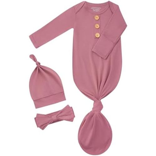 Newborn Knotted Gown Set, Soft Breathable Baby Sleep Gown with Hat & Headband for Boys Girls