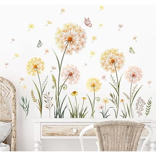 Dandelion Flower Butterfly Wall Decals Gold Dandelion Plants Floral Wall Stickers Peel and Stick Vinyl Wall Art Decor for Living Room Bedroom Office TV Sofa Backdrop Home Decor Gifts for Mom