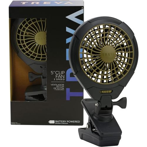 Treva 5 Inch Battery Powered Clip Slim and Portable Cooling Fan with Clamp for Travel, Outdoor,Camping, Car, Office Desk, Baby Stroller - Multi-Directional Rotating and Adjustable Head, Khaki (FC05005)