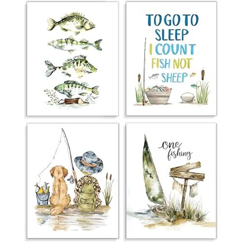 Frimeeme Fishing Theme Nursery Wall Art Prints,4Pcs Nursery Hunting Wall Art，Nursery fishing wall art，Hunting Dog Posters Prints for Boys Room Farmhouse Canvas 8 x 10 In Unframed