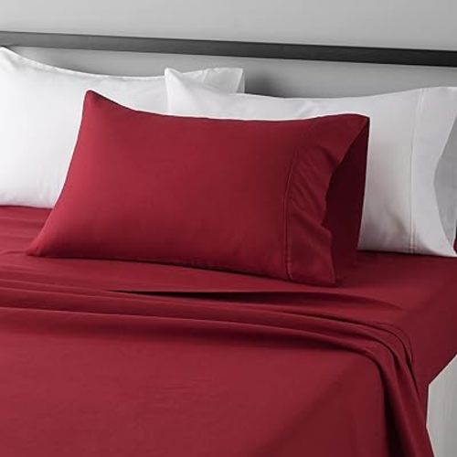 Amazon Basics Lightweight Super Soft Easy Care Wrinkle Free Microfiber 3 Piece Bed Sheet Set with 14-Inch Deep Pockets, Twin, Burgundy, Solid, Kids, Men & Women Bedding