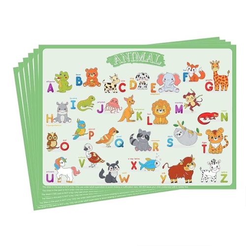 Disposable Placemats for Baby & Toddlers – Sticky Table Mats for Restaurants, Dining Table, Preschool & Parties – 5 Fun Designs Animal, Fruit, Alphabet, Star & Shape – 40-Pack, 12x16 Inches