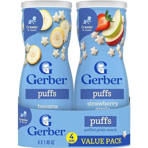 Gerber Baby Snacks Puffs Variety Pack, Banana & Strawberry Apple, 1.48 Ounce - 2 count of four packs, Package may vary, 1.48 Ounce (Pack of 8)