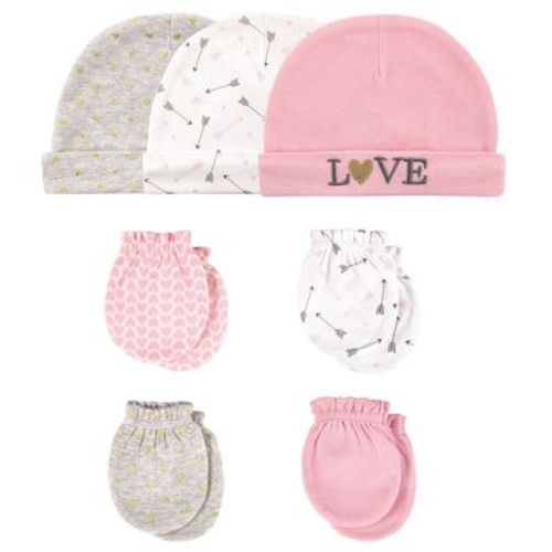 Hudson Baby Infant Girls Cotton Cap and Scratch Mitten 7pc Set, Love, 0-6 Months