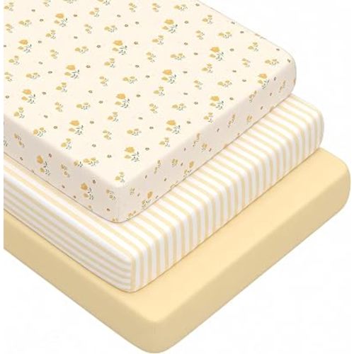 3 Pack Crib Sheets for Girls – Fitted Crib Sheets for Standard Crib Mattress and Toddler Mattress, Ultra Soft Breathable Washable Polyester, 28x52inch, Yellow & Flower