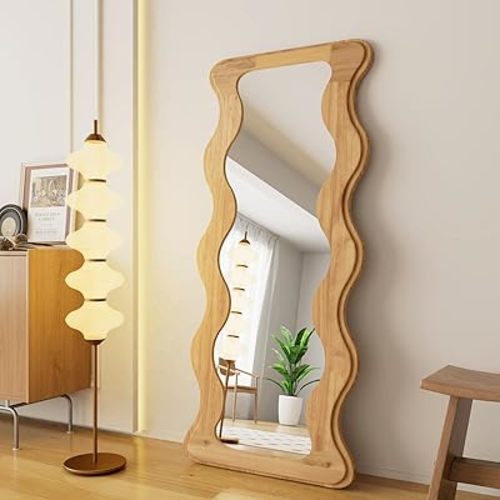 65" x 24" Full Length Mirror Wood Framed Wavy Full Body Mirror Shatter-Proof Mirror Hanging/Leaning Wall Mounted Wooden Mirror for Dressing Bedroom Living Room