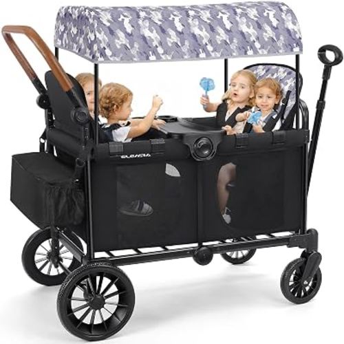 ELEMARA Wagon Stroller 4 Seater, Premium Stroller Wagon for 4 Kids, Foldable All-Terrain Wagon for Kids with Canopy, Adjustable Push/Pull Handles,Convertible High Seat&Organizer, Black+Purple