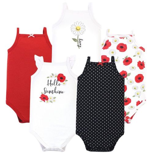 Hudson Baby Infant Girl Cotton Sleeveless Bodysuits 5pk, Poppy Daisy, 9-12 Months