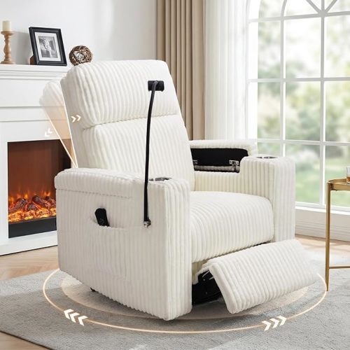 Power Recliner Rocking Chair Nursery Glider, Swivel Reclining Nursery Rockers for Baby Room & Living Room, Chenille Chair with Phone Holder, USB/Type-C Ports, Arm Storage, Light Brown