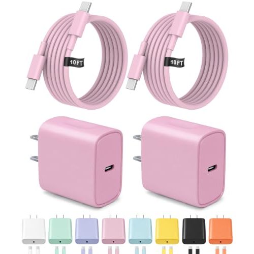 10FT iPhone 17 16 15 Charger Fast Charging USB C Charger Block | for iPhones, iPads,Tablets,Android,2-Pack 20W iPhone Charger Type C Chagrer Fast Charging with Extra Long USB-C Cables(Pink)