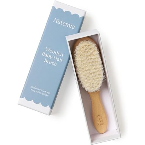 Natemia Wooden Baby Hair Brush - Natural Goat Hair Bristles - Gentle Soft Bristles for Scalp Massage - Cradle Cap Comb for Flake Removal - For Baby Grooming Kit & Toddler Hair Brush