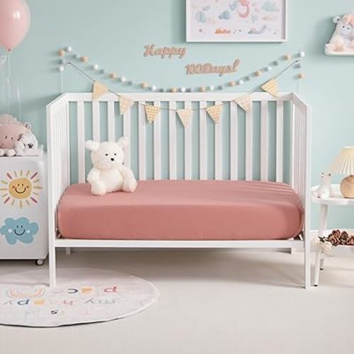 Muslin Cotton Crib Sheets 2 Pack for Girl Boy,Double Layer Soft and Breathable 28x52 Neutral Baby Sheets for Standard Crib and Toddler Mattress,28x52 Inches,Blush Pink