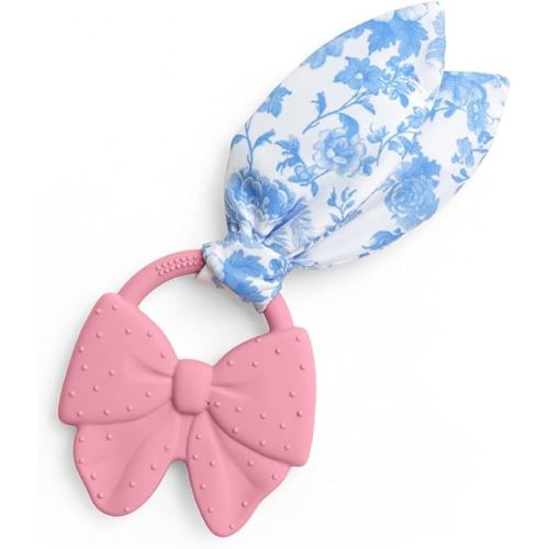 Itzy Ritzy Silicone Baby Teether - BPA-Free Teething Toy with Crinkle Fabric Tie, Easy-Grip Handle & Multiple Textures - for Ages 3 Months and Up (Bow)