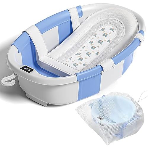 Collapsible Baby Bathtub with Soft Cushion and Thermometer, Newborn to Toddler Tub 0-36 Months with Toy Storage Mesh Bag, Portable Travel Bath for Infants (Blue)