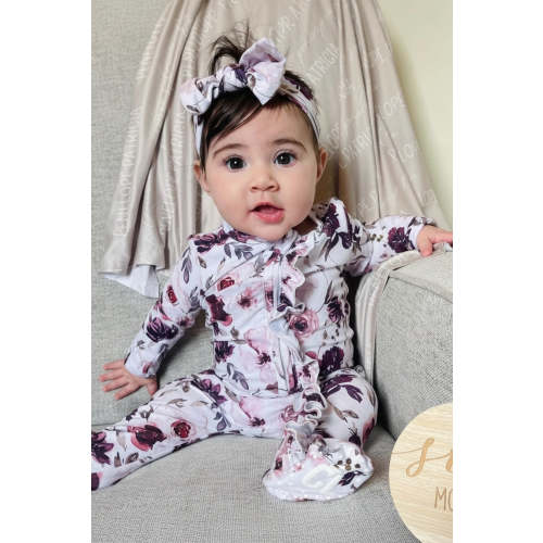 Demis Dusty Purple Floral Ruffle Zipper Footie