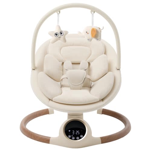 Baby Swing for Infants with 5 Point Harness, 5 Speeds Infant Swing with Soft Cushion, 10 Songs and Bluetooth Music for Newborn, Remote Control & Touch Panel Use, Beige