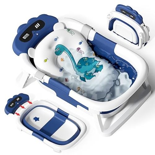 AVIDOR Baby Bathtub,Collapsible Bathtub for Newborn to Toddler,Durable Essential Infant Bath Tub,Portable Travel Baby Tub with Soft Bath Net,No-Slip Feet and Dinosaur Shaped (Navy Blue)