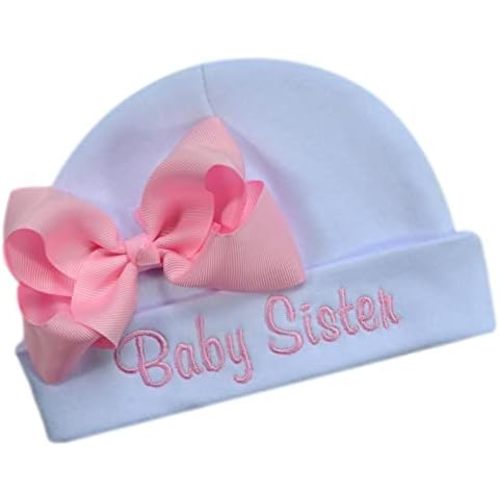 Funny Girl Designs Baby Sister Embroidered Infant Hat with Grosgrain Bow