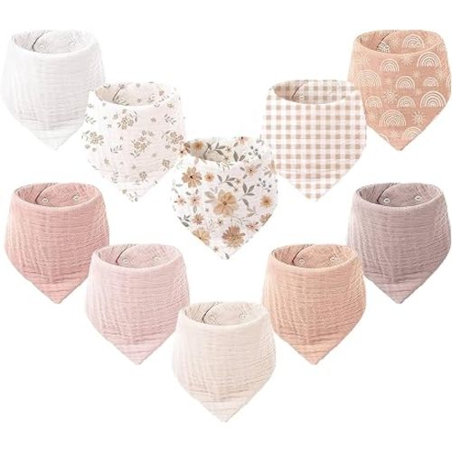 Konssy 10 Pack Baby Muslin Bandana Bibs for Drooling and Teething