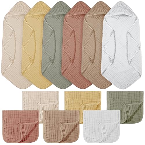 12 Pcs Muslin Hooded Baby Bath Towel and Washcloth Set,Earthy Tones | Newborn Towels, Soft Cotton, Infant Bath Essentials, Absorbent for Baby Shower Gifts