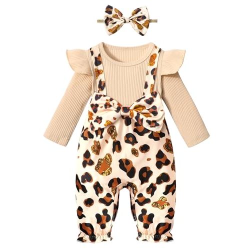 Queenstyle Newborn Baby Girl Clothes Romper Long Sleeve Ruffle Jumpsuit Cute Infant Girl Fall Winter Outfits with Headband
