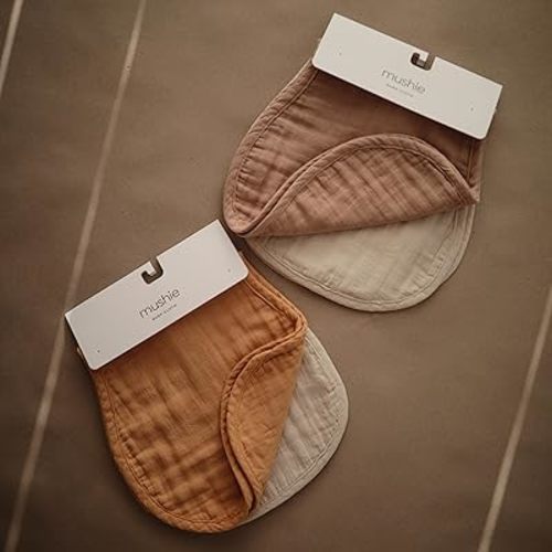 mushie Muslin Baby Burp Cloths | 100% Organic Cotton, Set of 2 (Olive Check/Natural Check)