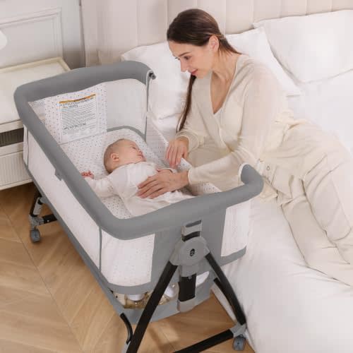 Baby Bassinet, 3-in-1 Bedside Bassinets for Baby, Bassinet Bedside Sleeper with Wheels, Baby Bassinet Bedside Crib with Breathable Mesh, Mosquito Net, 6 Height Adjustable, Large Storage Basket