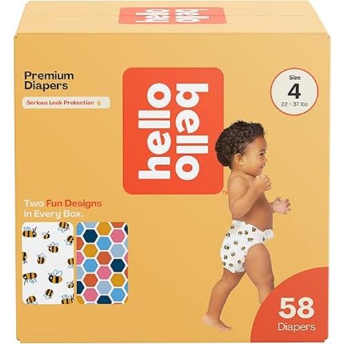 Hello Bello Premium Diapers Size 4 (22-37lbs), Busy Bees & Hive Five Designs, 58ct Club Box